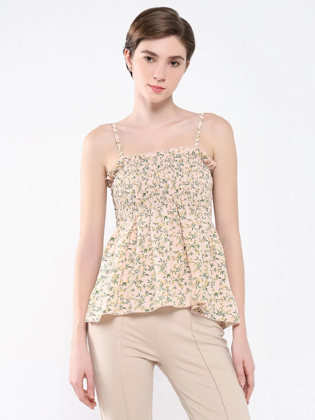 Women Peach Floral Print Shoulder Straps Peplum Top
