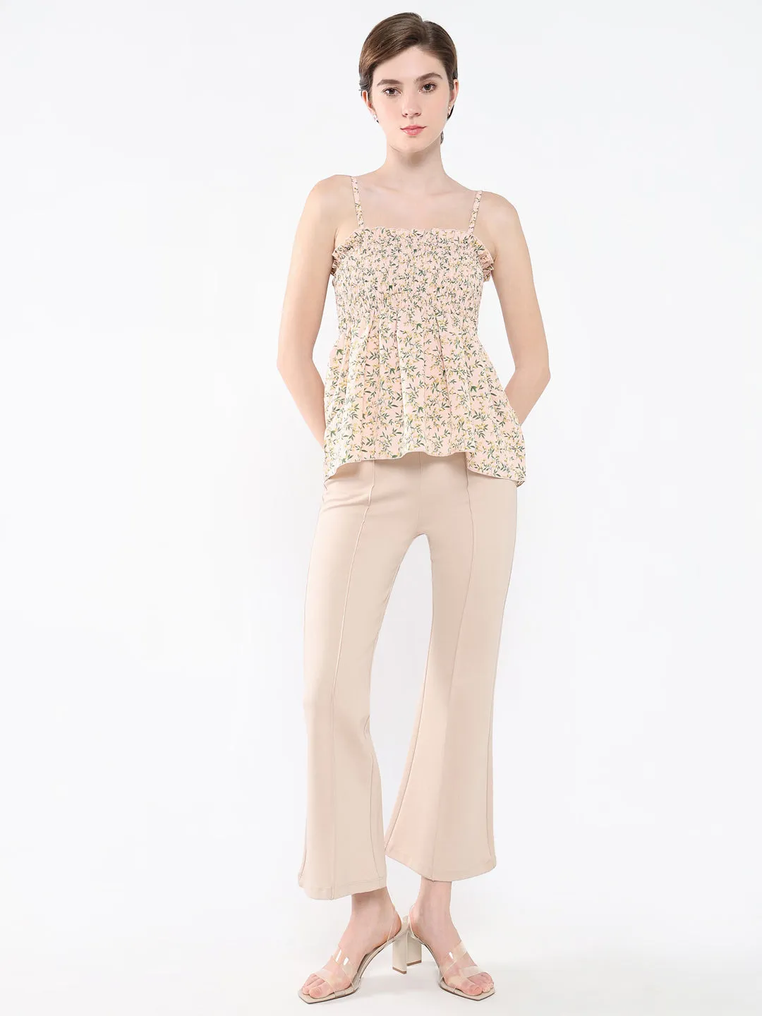Women Peach Floral Print Shoulder Straps Peplum Top
