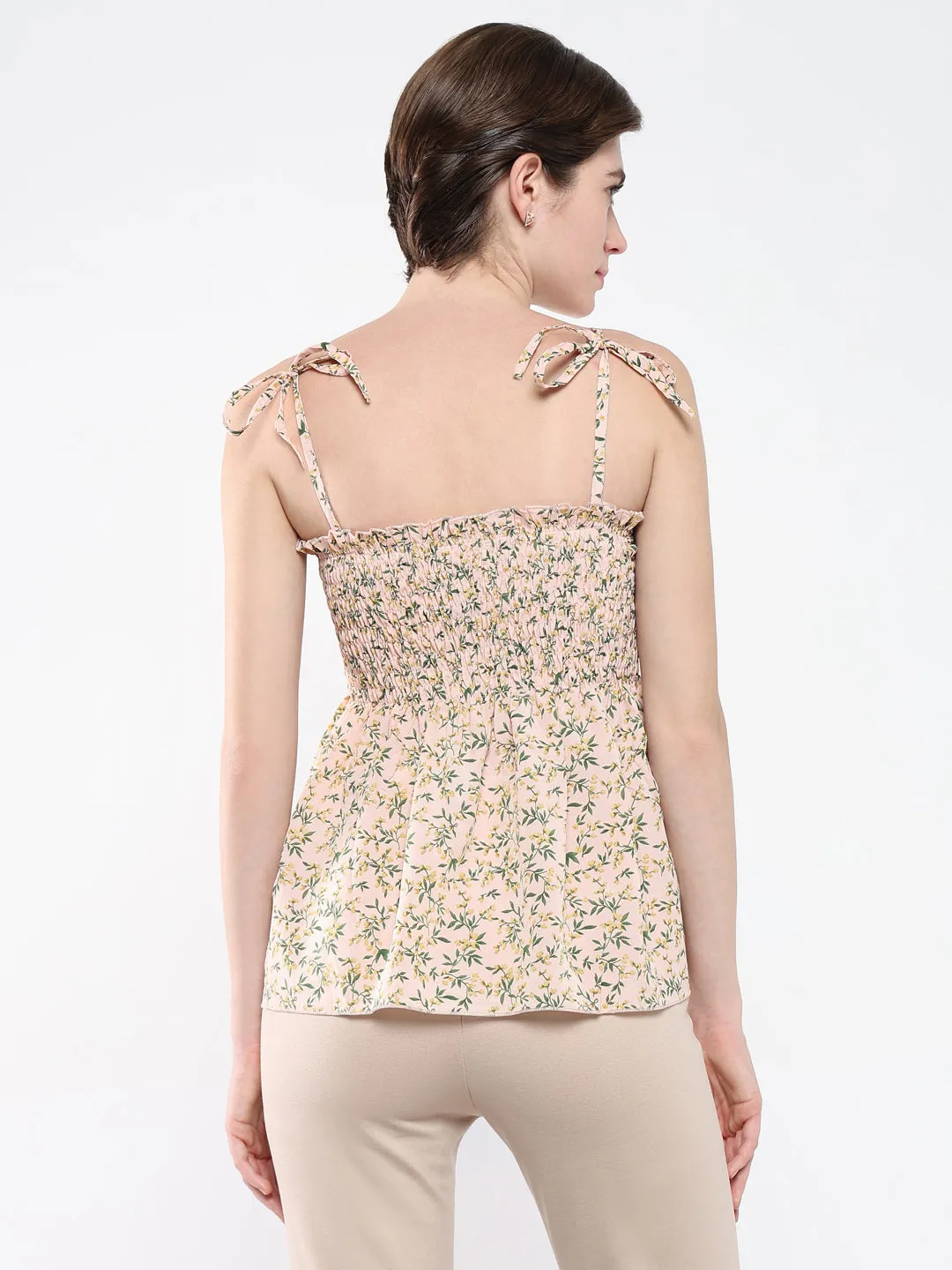 Women Peach Floral Print Shoulder Straps Peplum Top