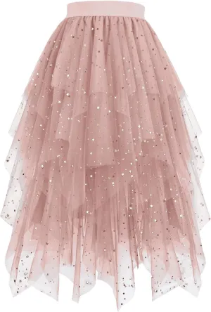 Women Tulle Skirts Glitter Elegant A Line Skirts High Waist Flowy Layered Mesh Fairy Skirts Midi Wedding Guest Skirts