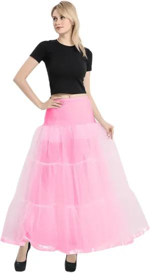 Womens Elastic High Waist Tutu Tulle Tiered Skirt Floor Length Layered Ruffles Mesh A Line Wedding Petticoat