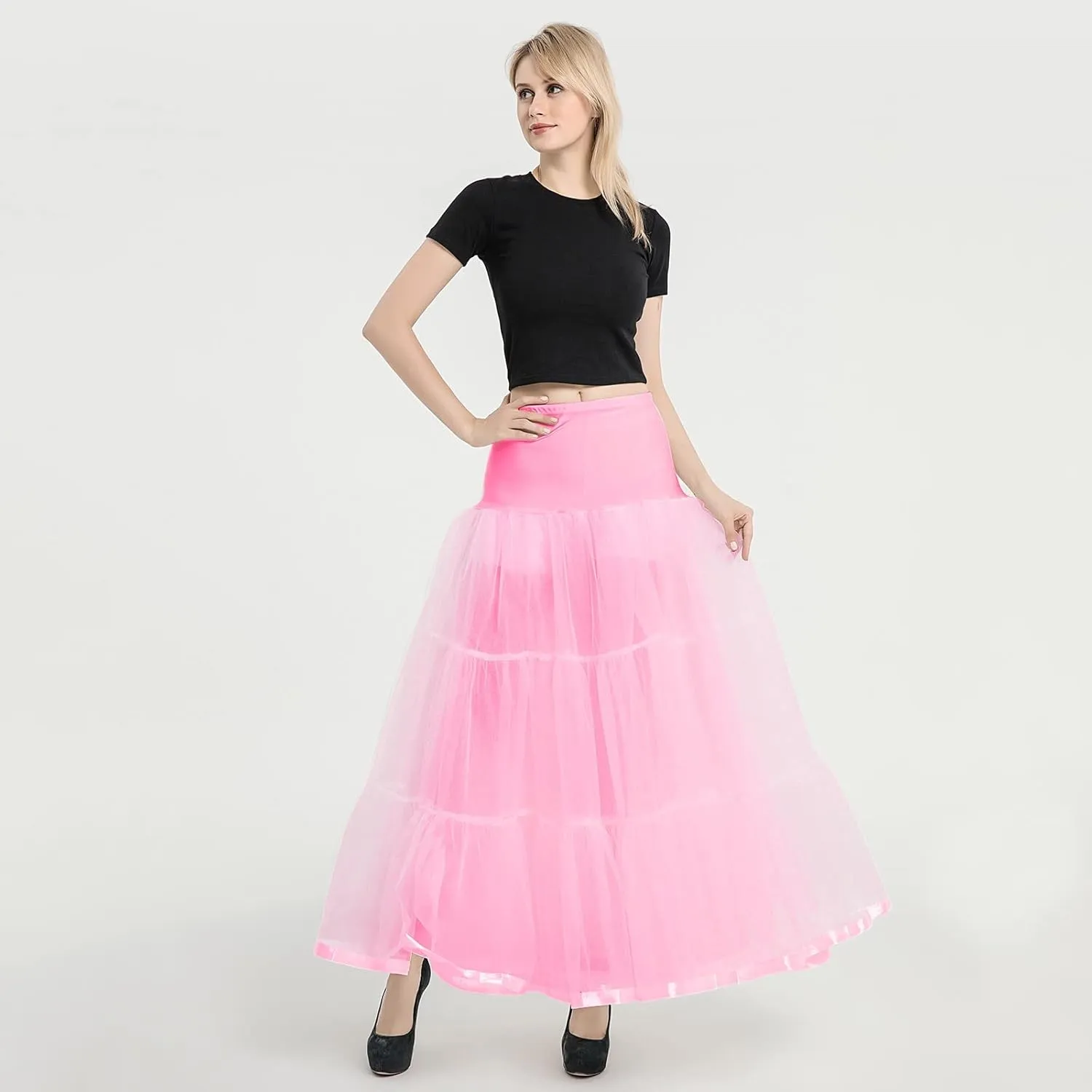 Womens Elastic High Waist Tutu Tulle Tiered Skirt Floor Length Layered Ruffles Mesh A Line Wedding Petticoat