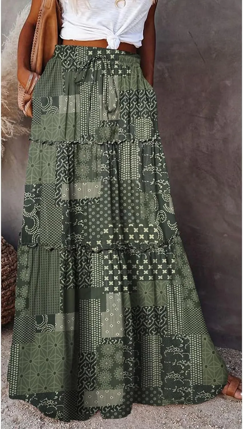 Womens Floral Print Boho Maxi Skirt Casual Elastic High Waist Pleated Ruffle Flowy Beach Long Maxi Skirts with Pockets