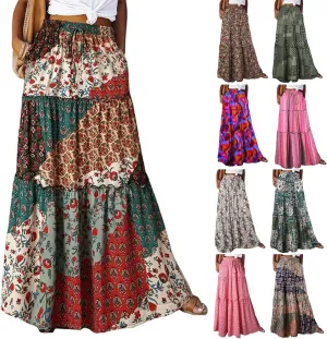 Womens Floral Print Boho Maxi Skirt Casual Elastic High Waist Pleated Ruffle Flowy Beach Long Maxi Skirts with Pockets