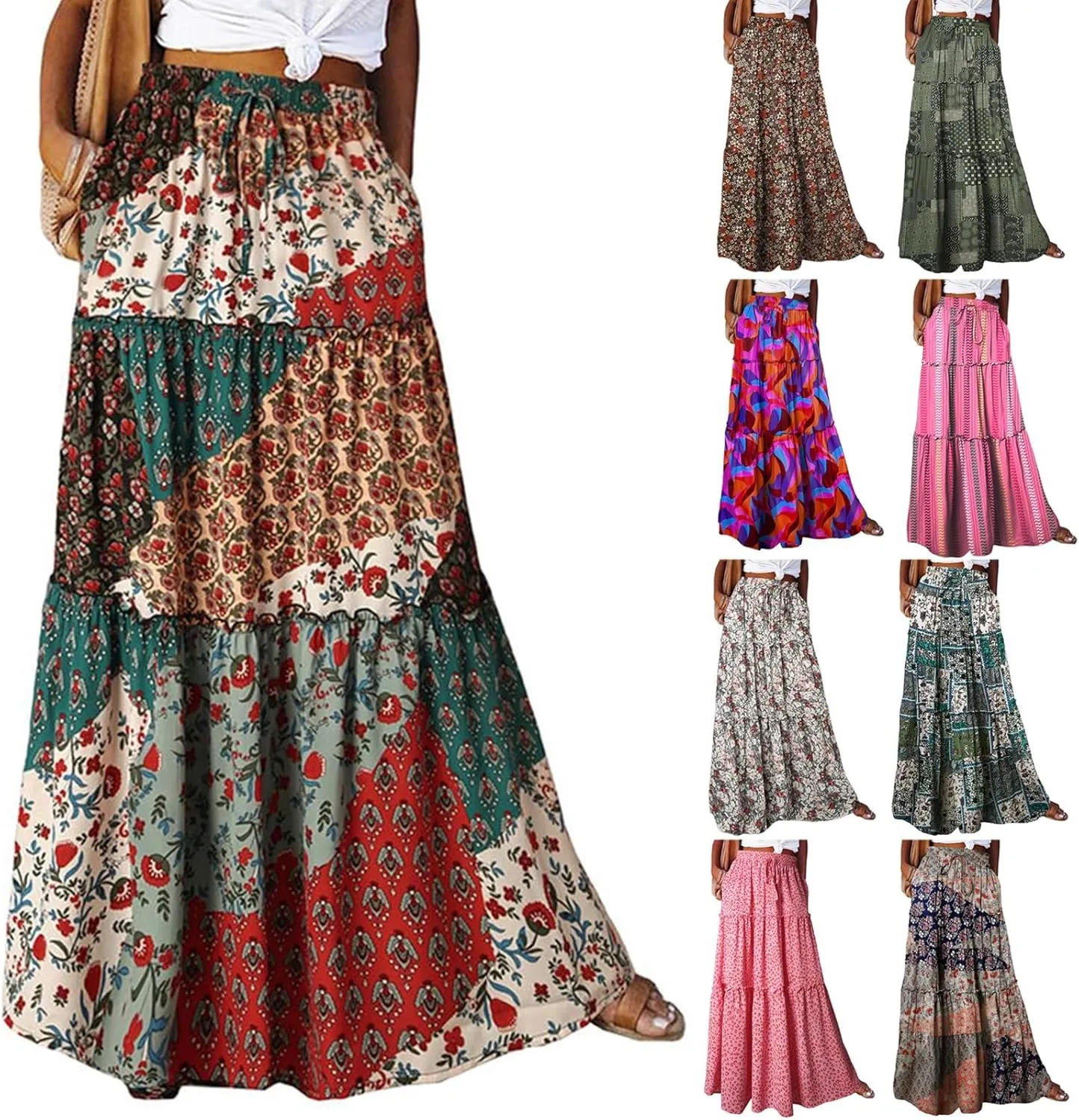 Womens Floral Print Boho Maxi Skirt Casual Elastic High Waist Pleated Ruffle Flowy Beach Long Maxi Skirts with Pockets