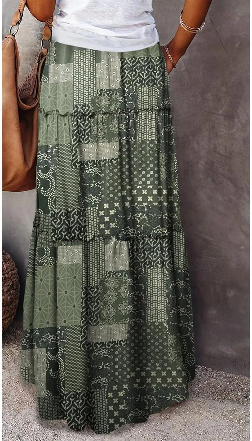 Womens Floral Print Boho Maxi Skirt Casual Elastic High Waist Pleated Ruffle Flowy Beach Long Maxi Skirts with Pockets