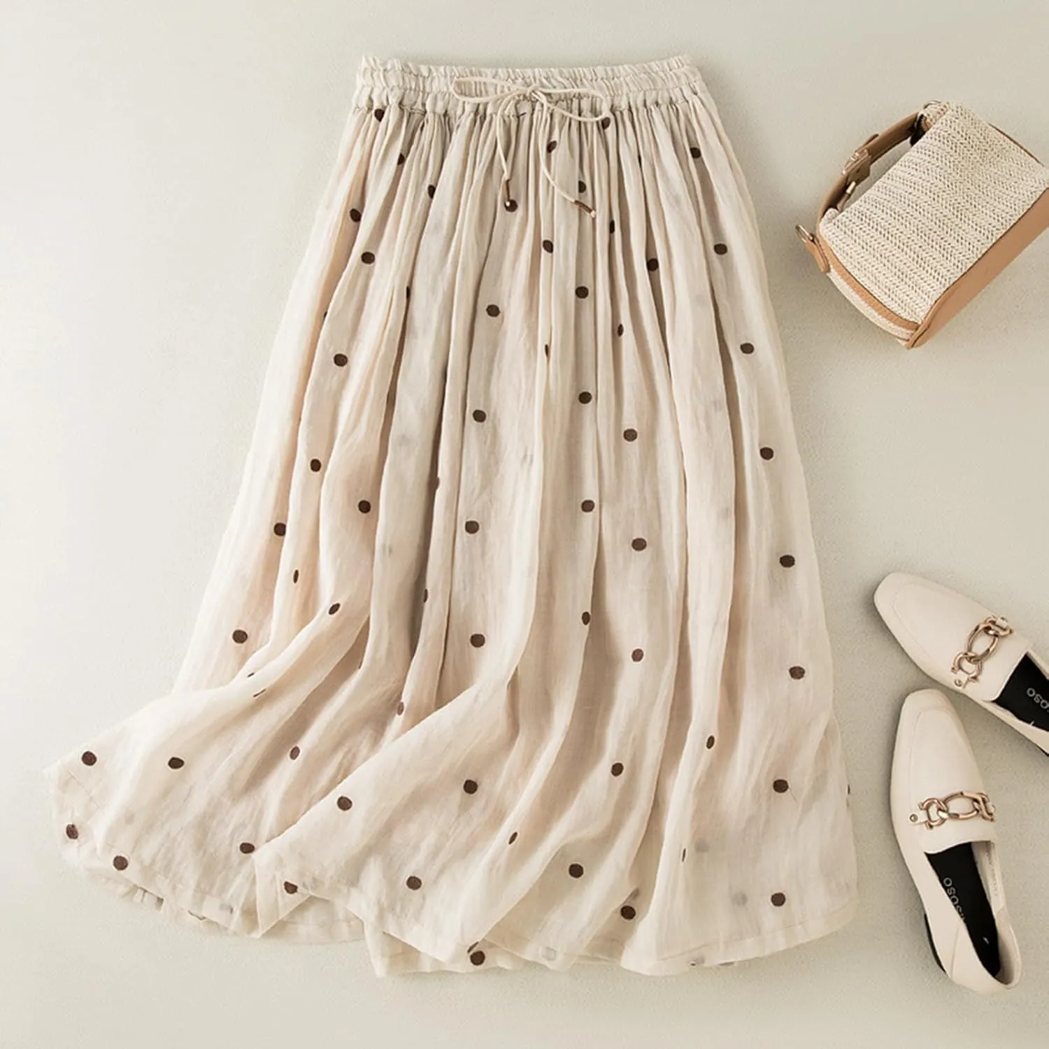 Womens Maxi Skirt for Vacation Color Block Retro A-Line Pleated Drawstring Elastic High Waist Casual Summer Skirts