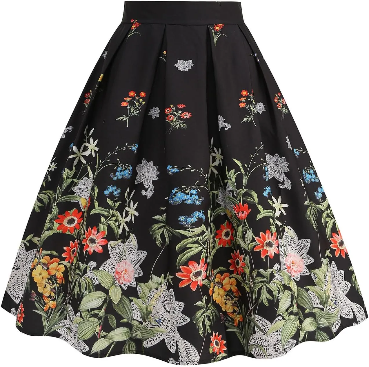 Women's Print Elegant Swing Skirt Pleated A-Line Summer Vintage Floral Midi Skirts Vacation Prom Knee Length Skirt