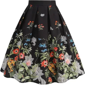 Women's Print Elegant Swing Skirt Pleated A-Line Summer Vintage Floral Midi Skirts Vacation Prom Knee Length Skirt